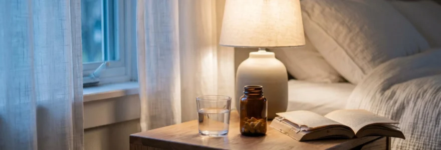 Contemporary bedroom nightstand at dusk with glass of water, open supplement bottle with capsules, warm bedside lamp, and white linens, representing natural sleep preparation ritual