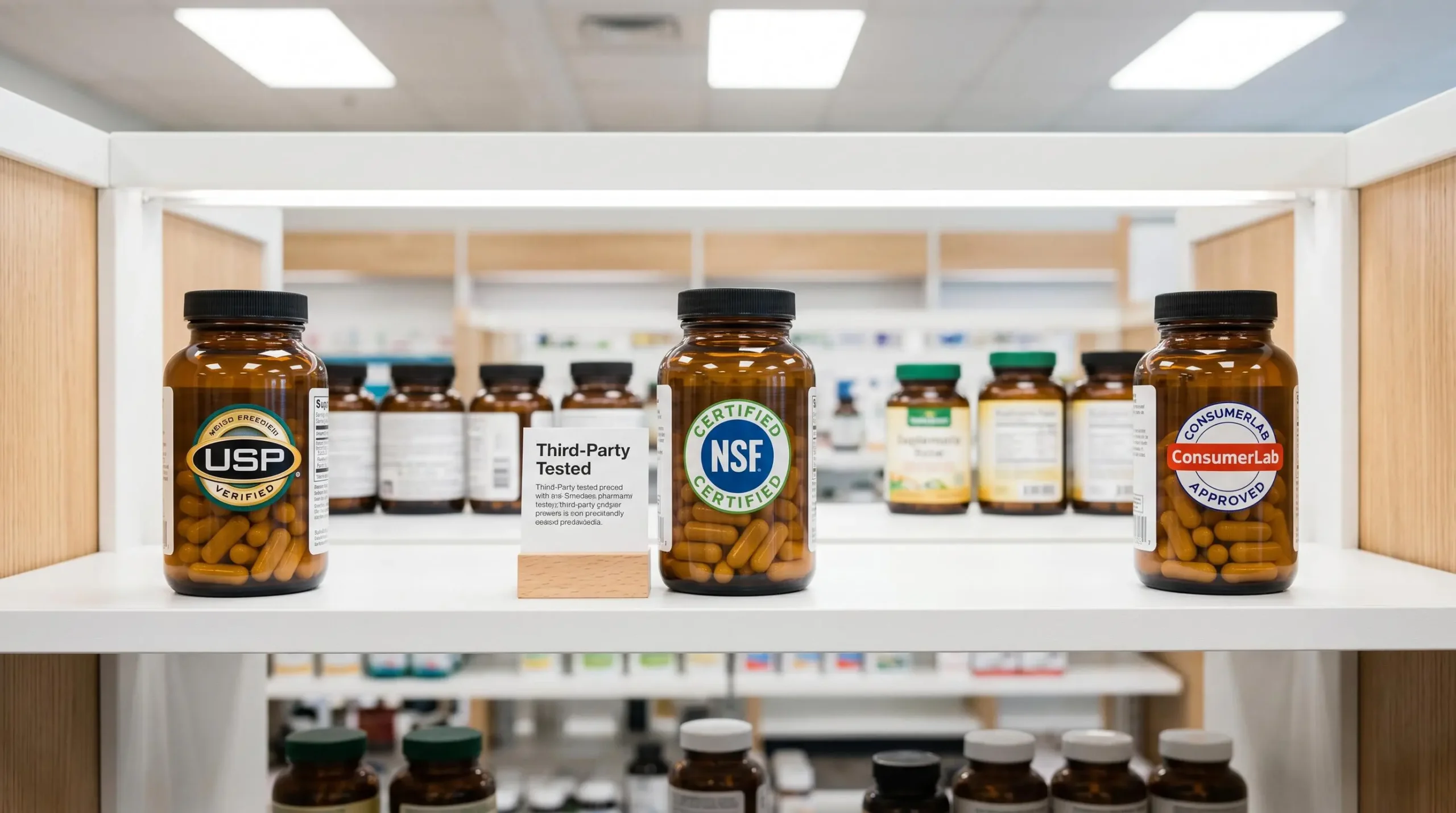 Health store shelf displaying supplement bottles with visible third-party certification seals including USP Verified, NSF Certified, and ConsumerLab Approved on clean retail shelving