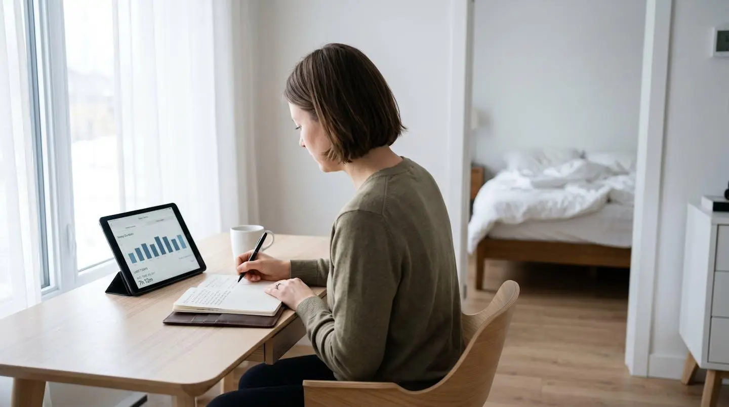 Professional adult reviewing sleep tracking data in journal and on tablet at home desk in early morning light, representing diagnostic assessment of sleep patterns
