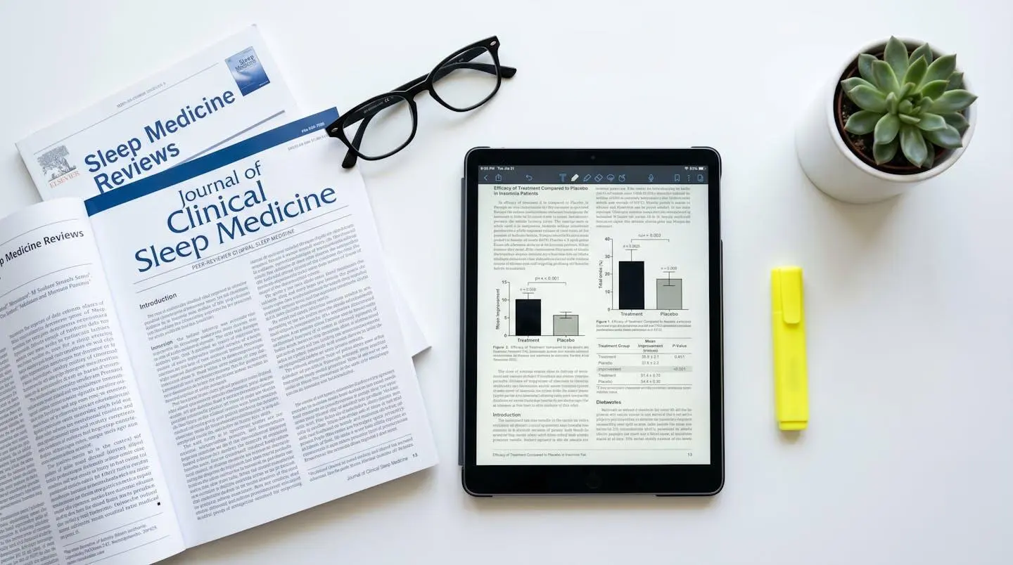 Overhead view of research workspace with opened peer-reviewed sleep medicine journals, tablet displaying scientific data graphs, and reading glasses on clean white desk
